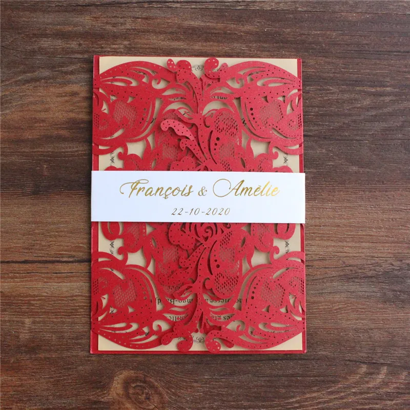 Wedding card invitation Chinese red traditional invitation floral laser cutting gold foil printing available 50 sets