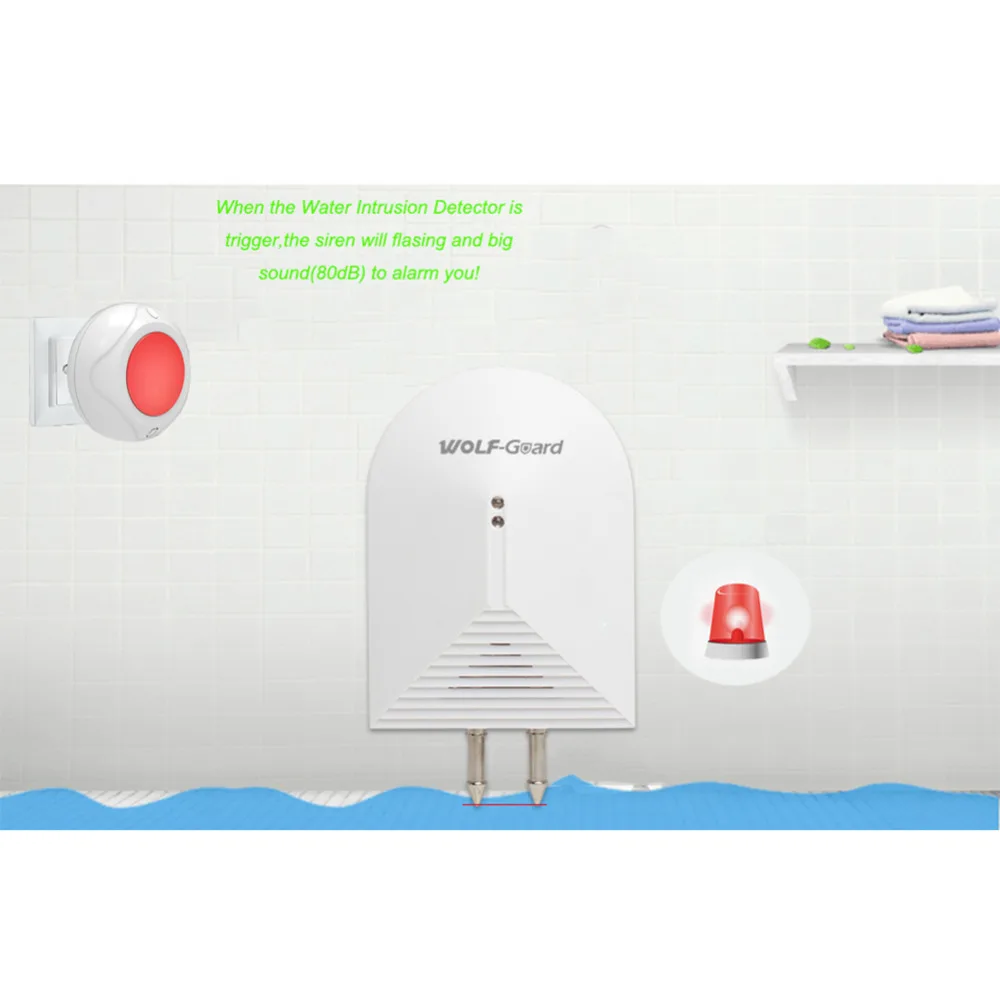 Wolf-Guard DIY Simple Wireless Home Alarm Security System Indoor Sound Flash Siren+Water Leaking Detector EU Plug 433MHZ