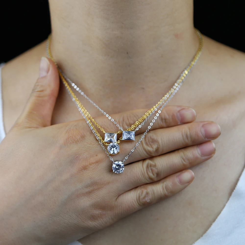 

Single stone solitaire cz cubic zirconia delicate dainty Link chain 925 sterling silver Round heart square crystal necklace