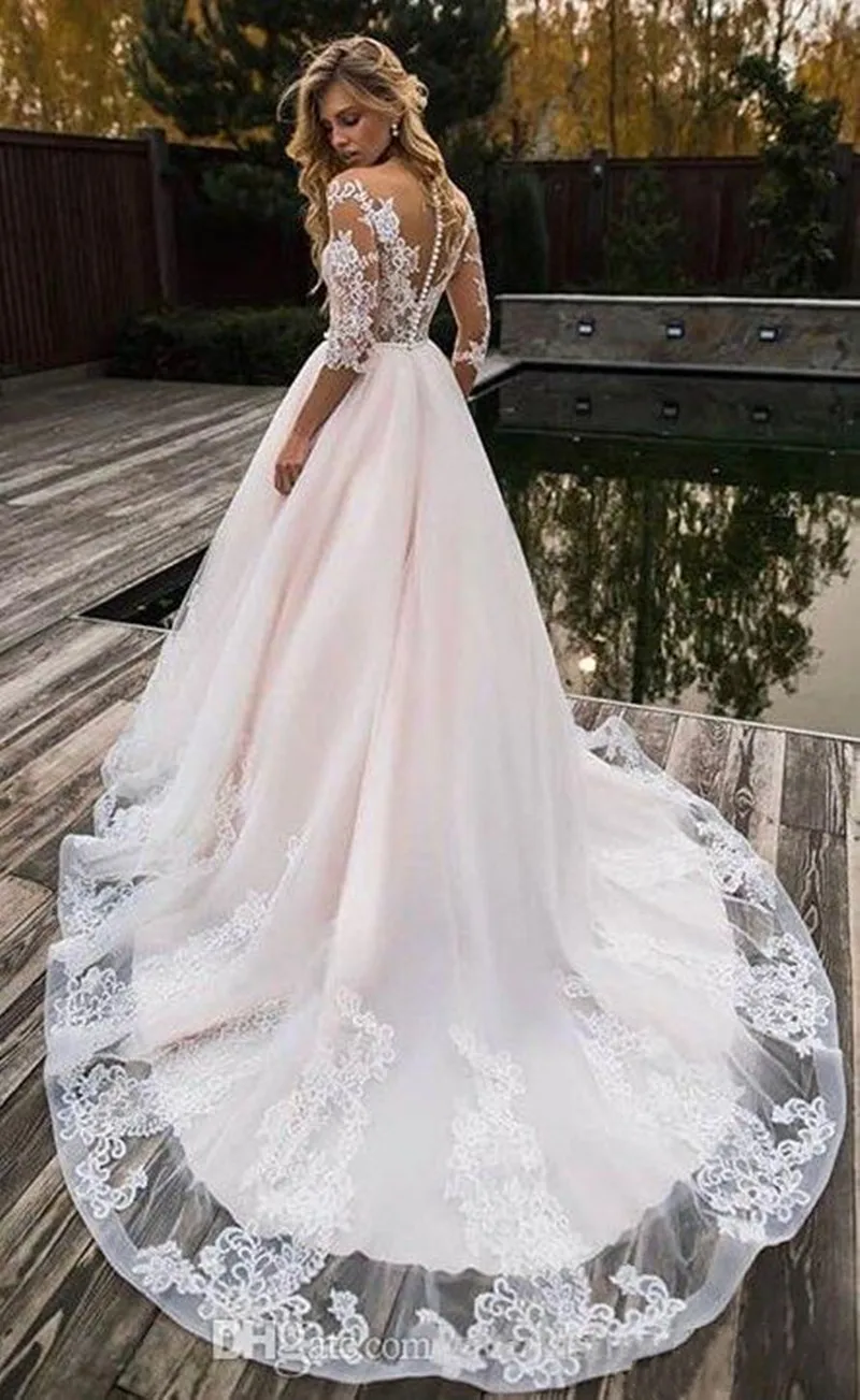 Vestidos de Novia de línea A, Vestidos de boda de mangas de tres cuartos, Vestidos de Novia de encaje 2020, vestido de boda trowjurken