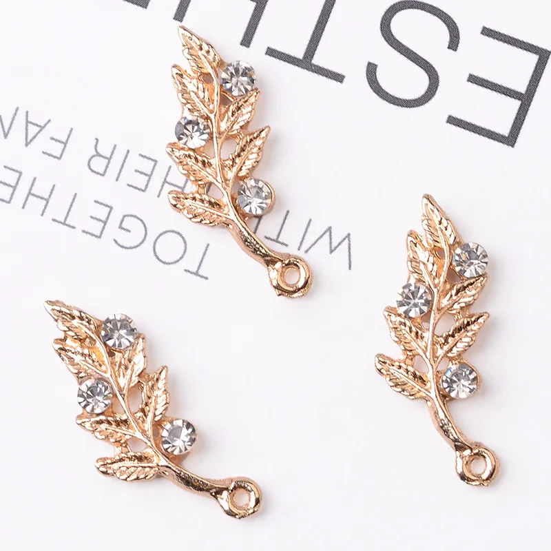 

50pcs 12*30mm Gold color New fashion Alloy Material Crystal Leaf Branch charm for DIY Handmade Jewelry Making wholesale