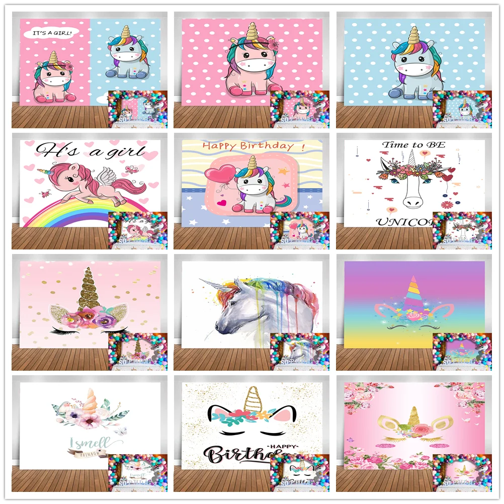 Backdrop Photo Studio Unicorn Rainbow Themed Happy Birthday Colourful Decor Children Adult Background Photobooth