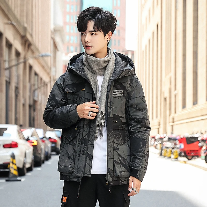 Winter Men\'s Hooded Down Jackets Fashion Korea Style Thick Warm White Duck Down Coats Man Printed Puffer Jacket Male JK-9812