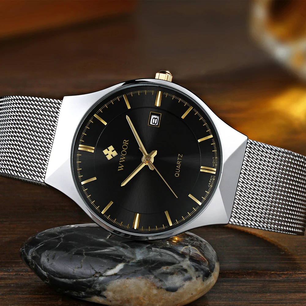 WWOOR Fashion Luxury Men Watch Top Brand Ultra-thin Mesh Belt Waterproof New Business Quartz Wrist Watch Clock Relogio Masculino