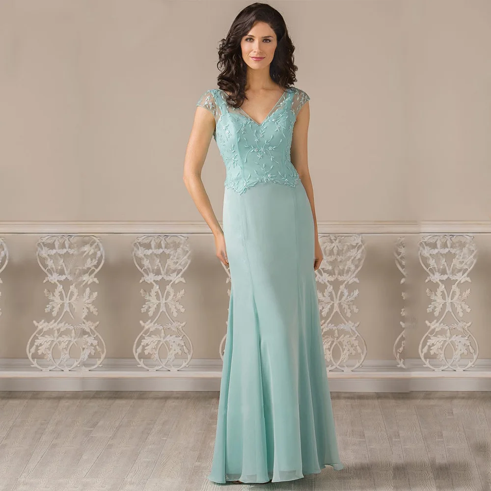 Elegant Mint Mermaid Mother Evening Gowns with Detachable Lace Bolero Floor Length Chiffon Mother of The Bride Dress