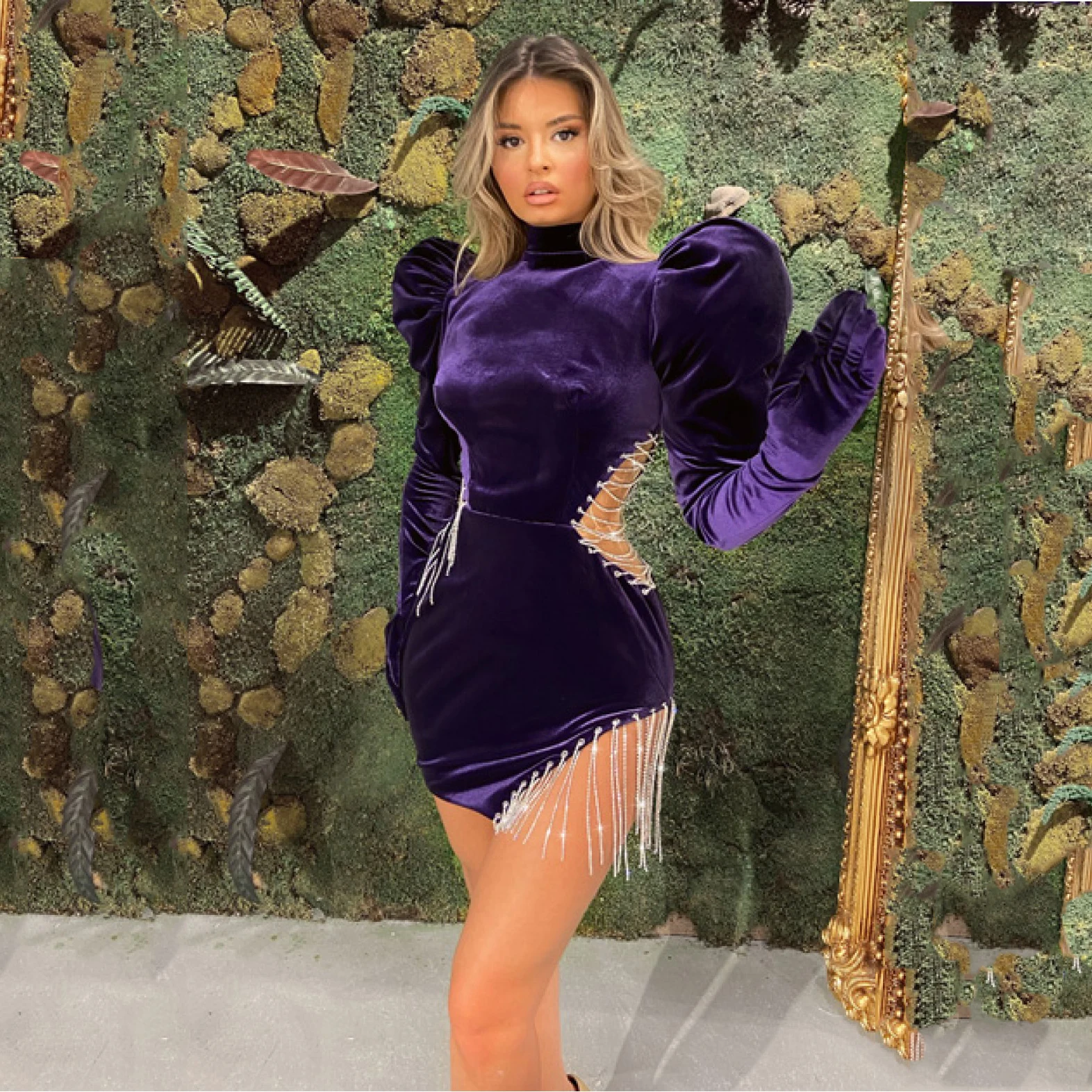 

Elegant Purple Velvet Cocktail Dresses High Neck Tassels Long Sleeves Puffy Mini Above Knee Length Prom Dress Club Wear