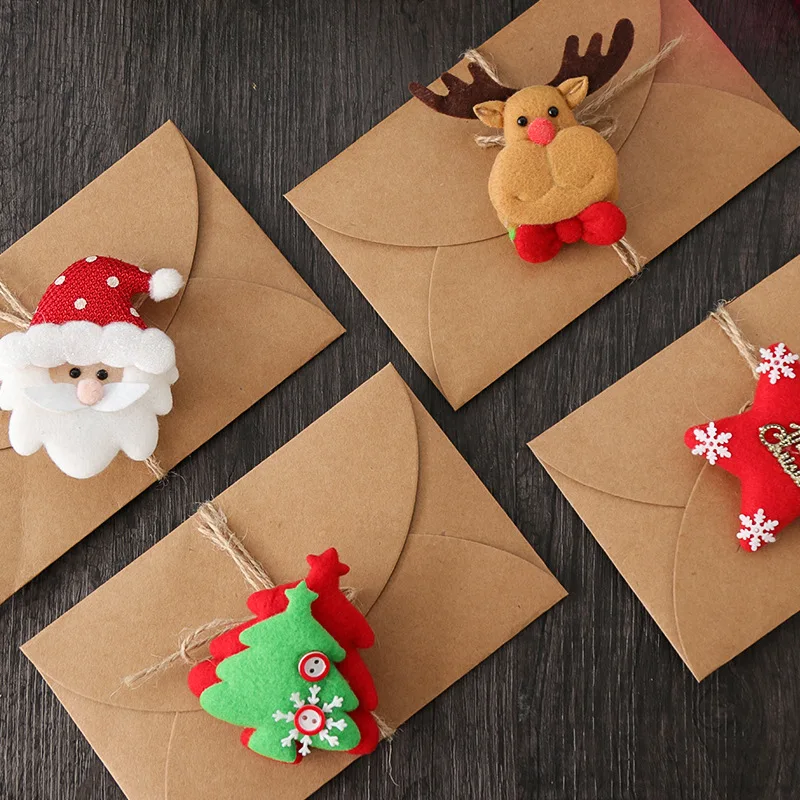 

Kraft Paper Greeting Card With Plush Hairpin Christmas Card Creative Blessing Gift Card 3D Retro Message Card With Envelope Hemp