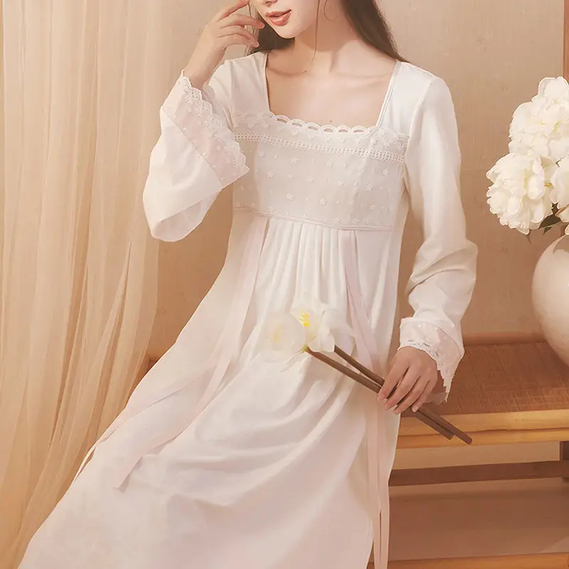 Women White Nightgowns Fairy Long Sleeve Square Collar Sleepshirts Ribbons Sweet Lace Over Knees Lounge Temperament Nightdress