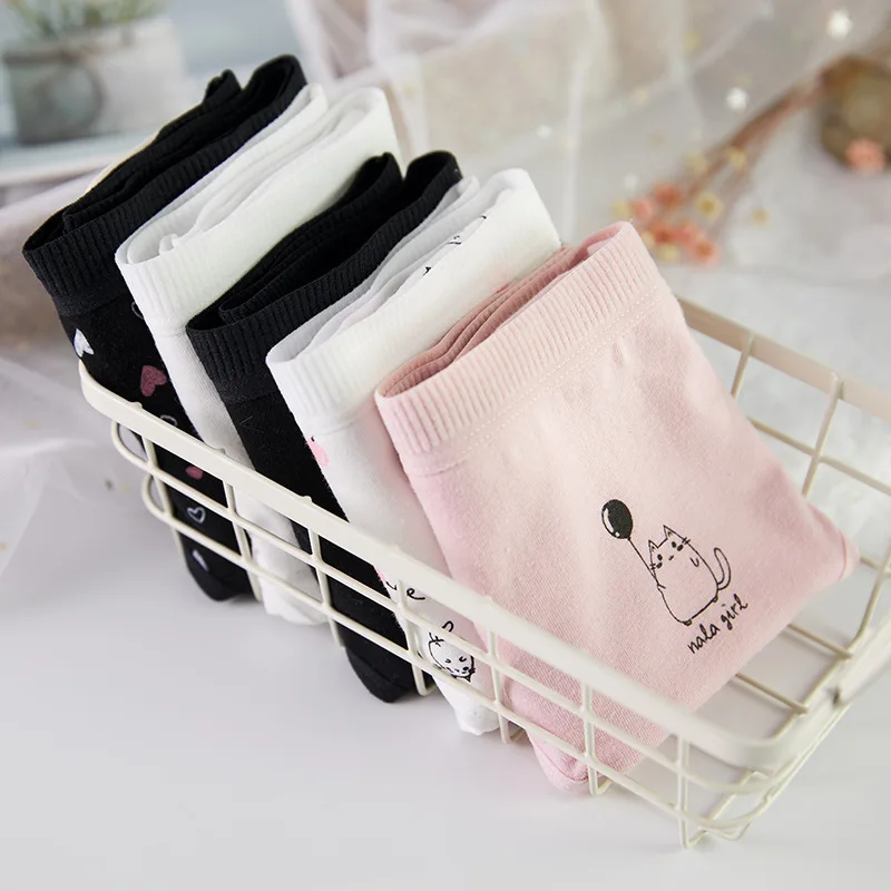 5PCS/set Cartoon Cute Cat Girl Briefs Cotton Panties For Women Female Underwear Sexy Underpants Mid-Waist Intimates Lingerie