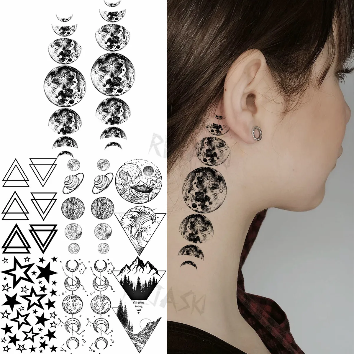 Tatouages Temporaires d'Oreilles de Communautés ète Noire pour Femme et Fille, Faux Tatouage Géométrique, Étoiles, Montagne, Mer, Transfert d'Eau à la Mode