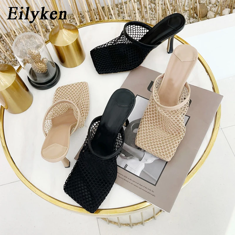 Eilyken 2024 New Hollow Breathable Mesh Woman Thin High Heels Slippers Summer Vintage Square Toe Mules Femme Shoes Pumps Sandals