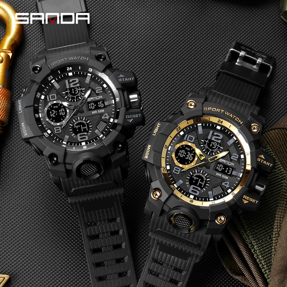 2021 SANDA Sports Military Men\'s Watches Waterproof Dual Display Quartz Wristwatch For Male Clock Stopwatch Relogios Masculino