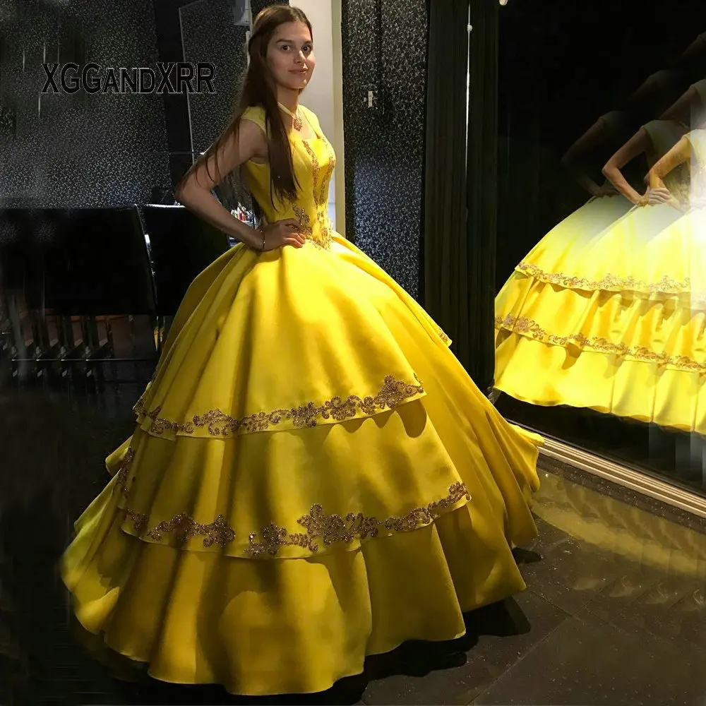 Gaun Quinceanera kuning elegan 2024 gaun pesta ulang tahun gaun pesta Satin lapisan manik putri manis 16 gaun Vestido De 15