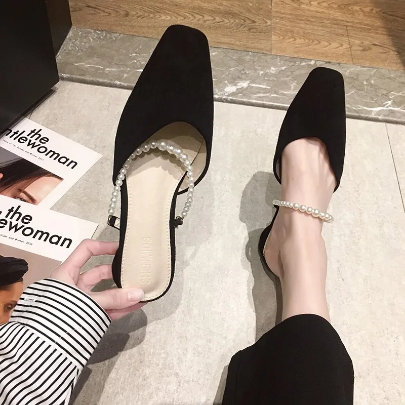 

String Bead Women Shoes Woman Mules New Sexy Ladies Shoes Slippers Cover Square Toe Low Heels Solid Flock Casual Shoes Slides