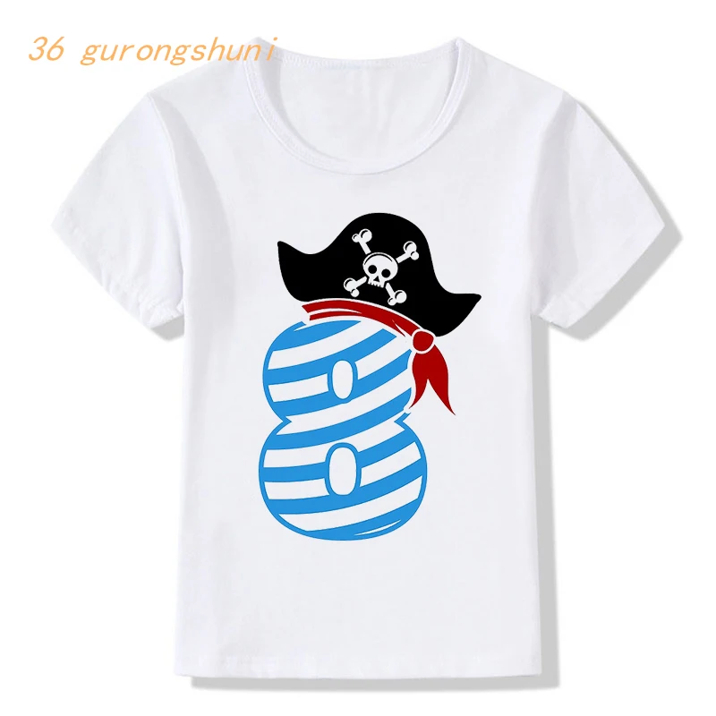 Camiseta con estampado de calavera pirata para niño y niña, camisa con estampado de feliz cumpleaños, 7, 8 y 9 años