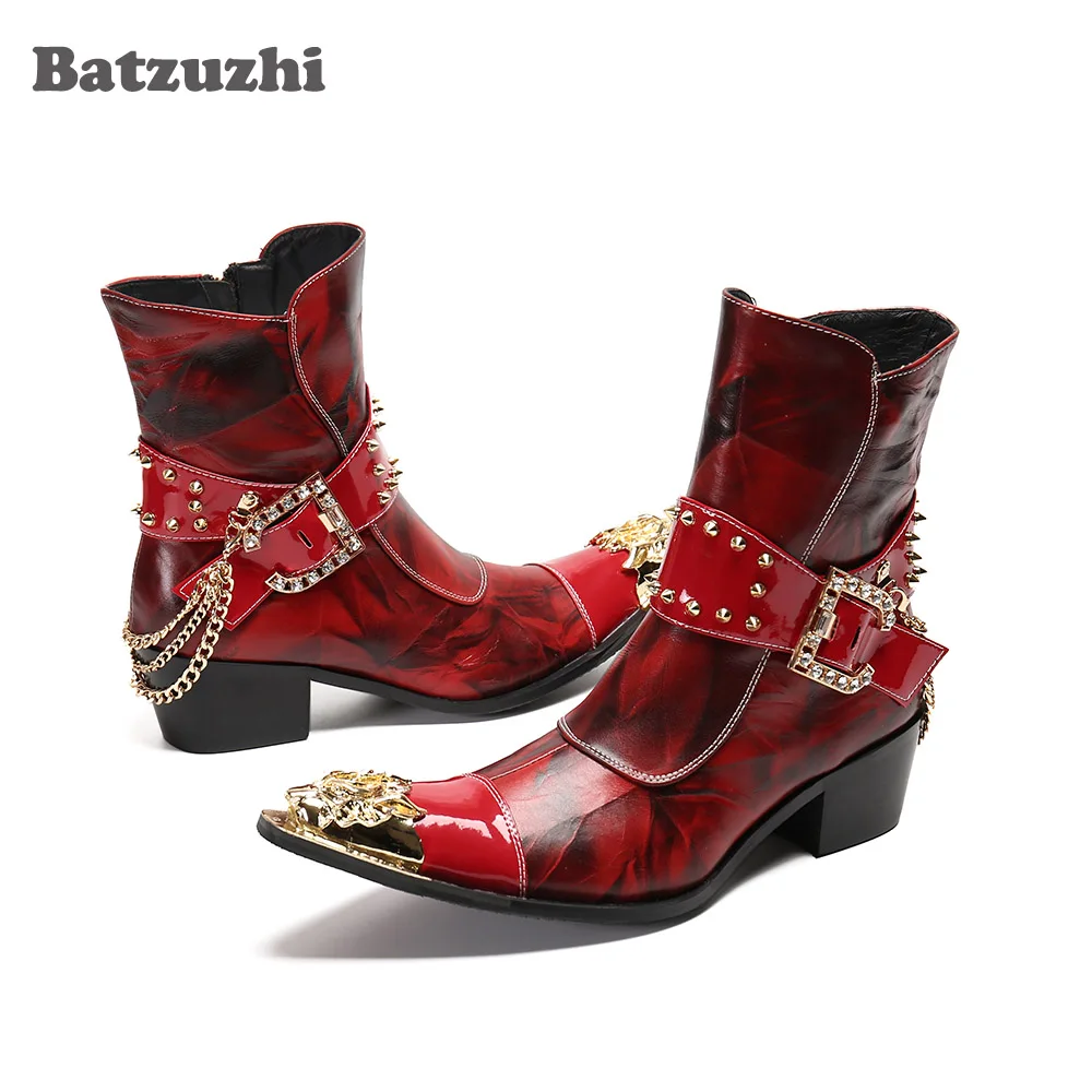 

Мужские ковбойские ботинки Batzuzhi, модные красные ботинки до щиколотки из натуральной кожи с золотистыми металлическими наконечниками, мужские ботинки на каблуке 6,5 см с цепочками