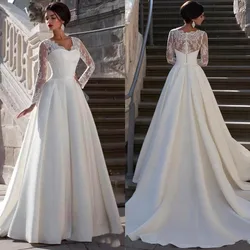 Khiêm Tốn Ren Appliqued Chữ A Satin Váy Cưới Cổ V Sheer Lưng Dài Tay Cho Nữ Công Chúa Áo Dây De Mariee Tùy Chỉnh 2022