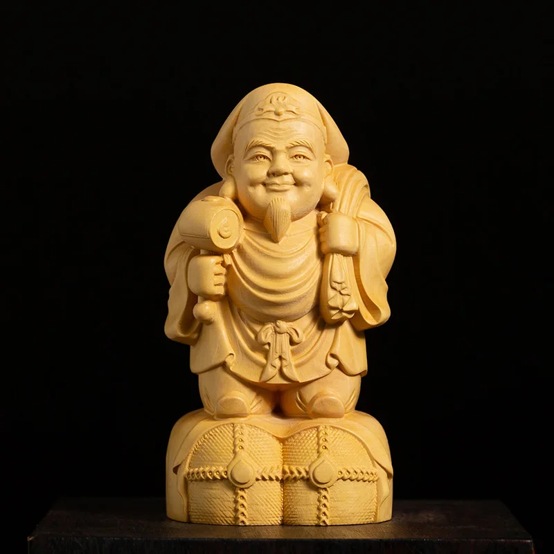 

XS319- 10CM Tall Daikokuten Boxwood Sculpture God of Wealth Wood Carving Statue Lucky Feng Shui Home Decor