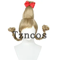 Tzncos Cindy Long Light Brown with Red Bow Wigs For Women Lou Heat Resistant Synthetic Hair Who Wig