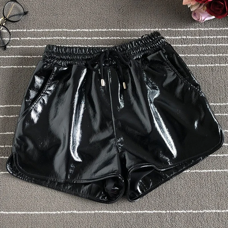 Summer 2022 Women Hot Sexy Sheepskin Genuine Leather Shorts Elastic Waist Joggers Sweatpants Lady Bright Printed Wide Leg Shorts