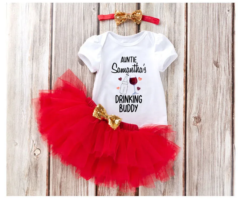 Auntie's Drinking Buddy Baby Bodysuit Sets 3pcs Cute Niece/Nephew Gift From Aunt with Custom Personalized Name Baby Clothes