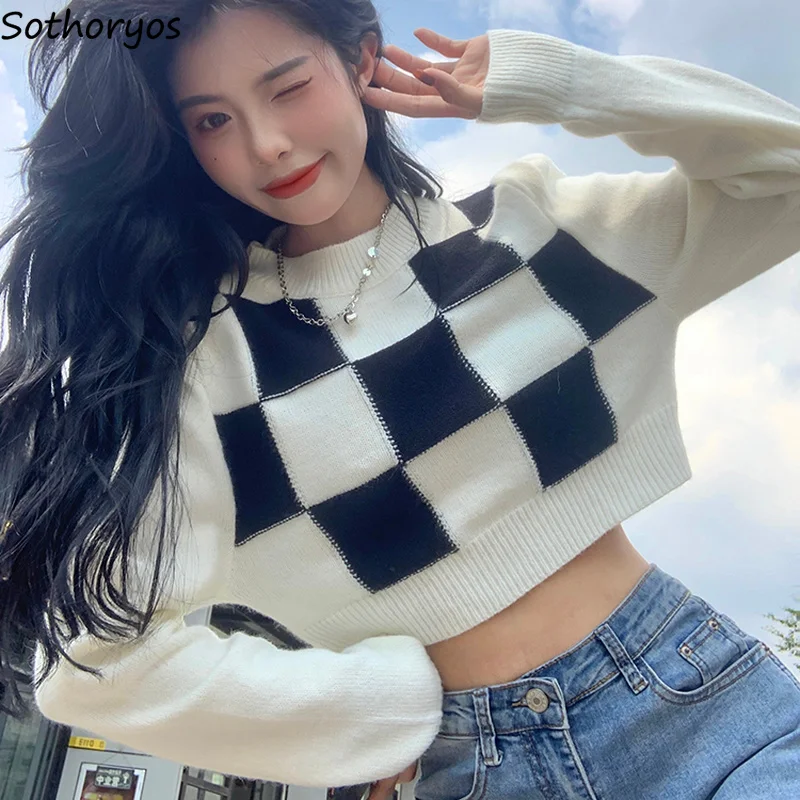 

Hot Girls Pullovers Women Plaid Checkered Cropped Sweaters Long Sleeve Knitwear O-neck Warm Fashion High Street Korean Vintage