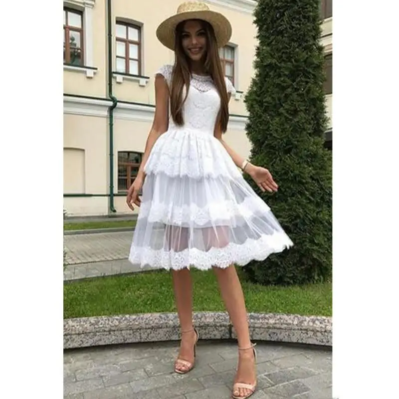 Short White Lace Cocktail Dresses Cap Sleeve A Line Mini Short Homecoming Dress for Junior Girl Knee Length Vestidos De Festa