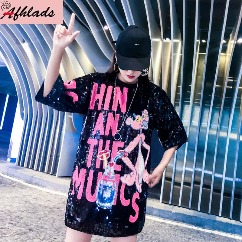 

fashion Summer New Women Sequins T-Shirt Women Cartoon Letter Print T Shirt Women Short Sleeve Round Neck Hip Hop Tops