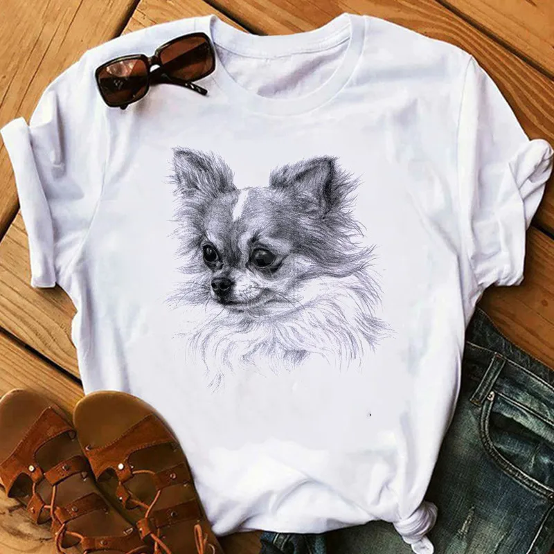 Papillon Dog Golden Retriever Mujer Camisetas 흰색 상의 티셔츠, 그래픽 반팔 티셔츠, 폴리에스터 티셔츠, 여름 미학