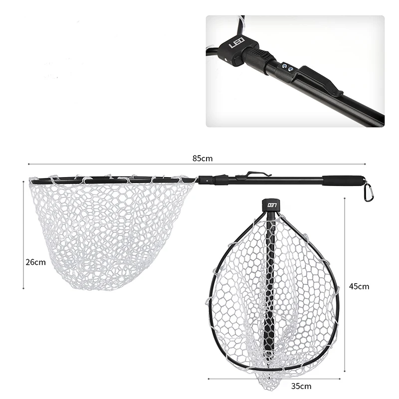 LEO New Black Aluminum Alloy Fast Folding Hand Net 85cm High Quality Rubber Net Shrink Fly Fishing Net Fishing Equipment Pesca