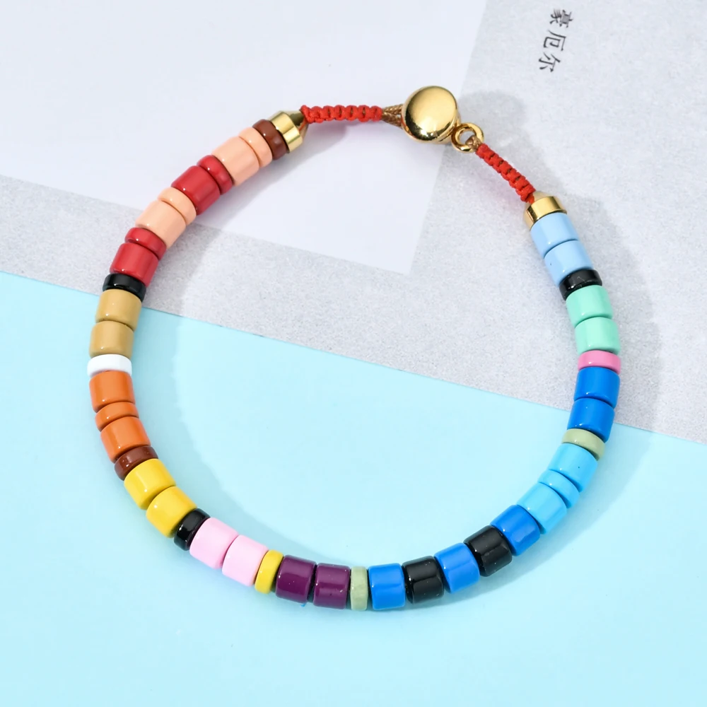 2025 New Boho Spring Rainbow Bracelets Colorful Enamel Beaded Bracelet Elastic String Tile Bracelet Cuff Bangles for Women Gift
