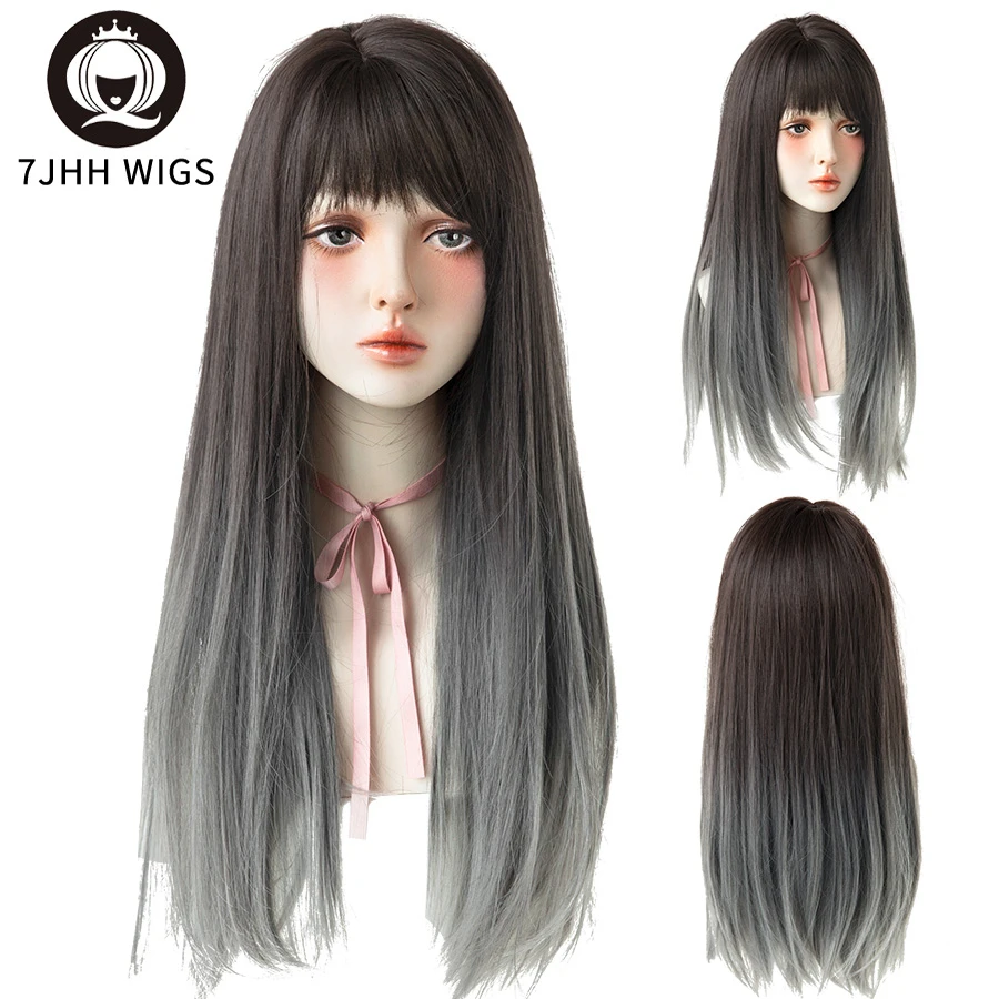 7JHH WIGS Omber Blue Gray Long Straight Latest Style 26\