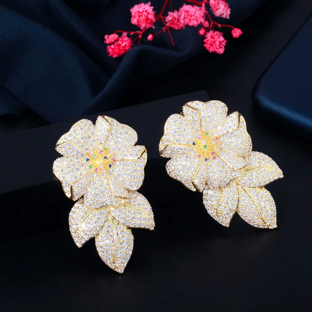 Pera Luxury Dubai Gold Color Large Flower Leaf Drop CZ Zircon Women Banquet Party Long Dangle Earring Statement Ear Jewelry E767