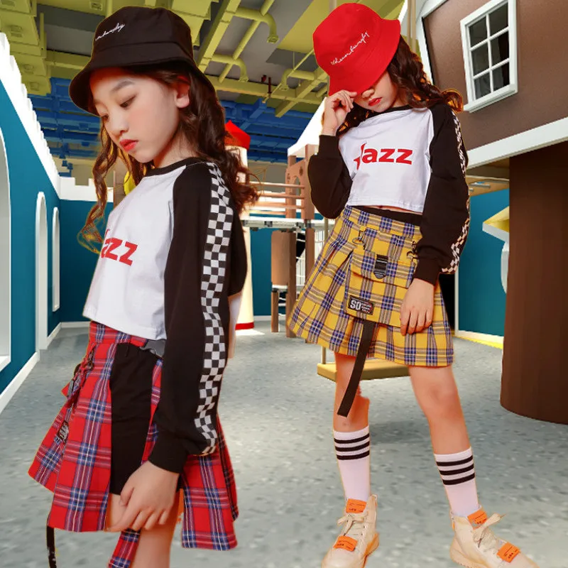 

2PCS/SET Grid Hip-Hop Children Dancing Clothing Girl Midriff Drums Modern Dance Costumes Stage Jazz Performance Wear