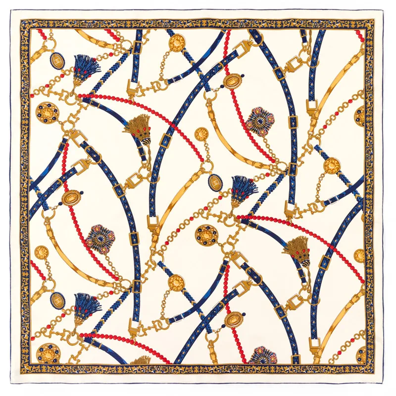 Pobing manual mão rolada sarja lenço de seda feminino cinto corrente quadrada cachecóis echarpes foulards femme envoltório bandana senhora hijab 90cm
