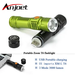 Anjoet-linterna LED recargable por USB, luz táctica T6, batería de alta potencia, para bicicleta