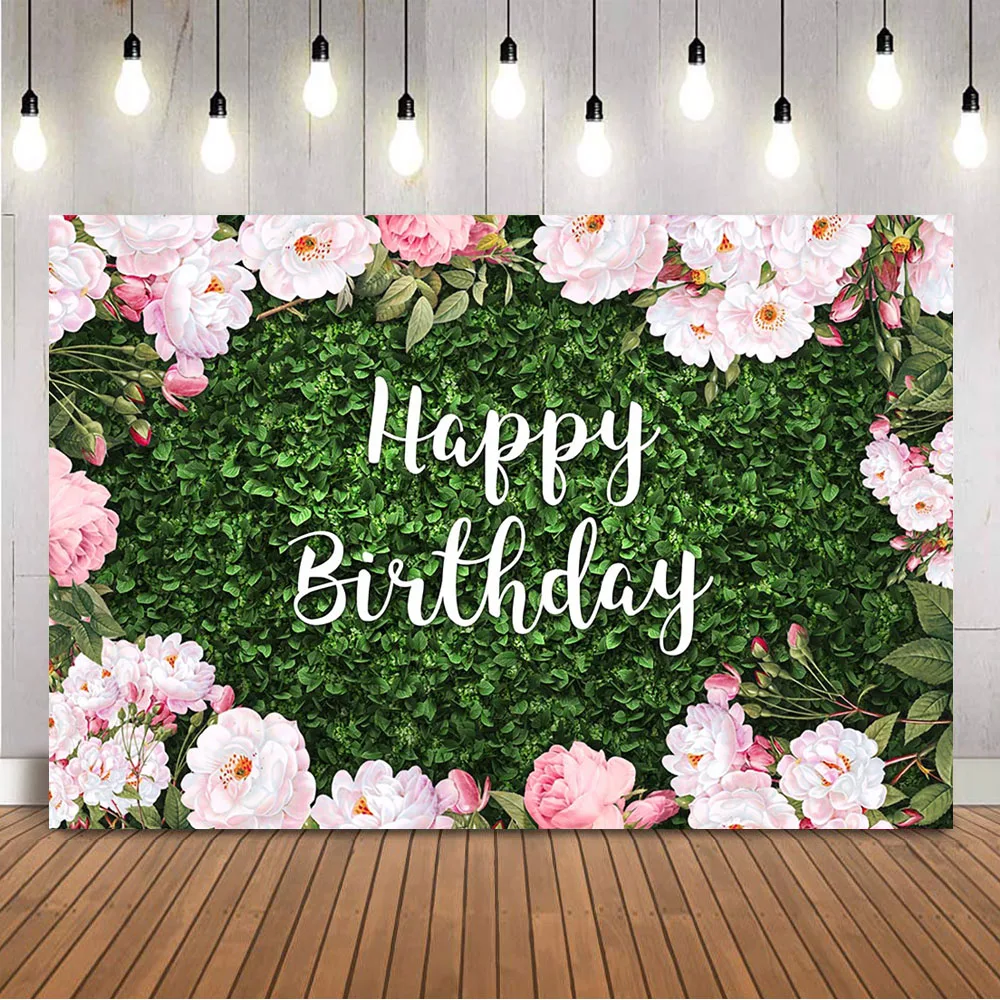 

Happy Birthday Floral Photocall Backdrop Pink Flowers Sweet Girls Women Background for Party Decorations Wallpaper Backdrops