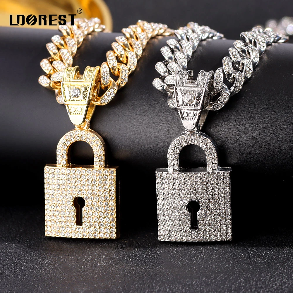 

Punk Shiny Crystal Big Lock Pendant Necklace Women Men With 13mm Miami Cuban Link Choker Necklaces Iced Out Hiphop Jewelry Gifts