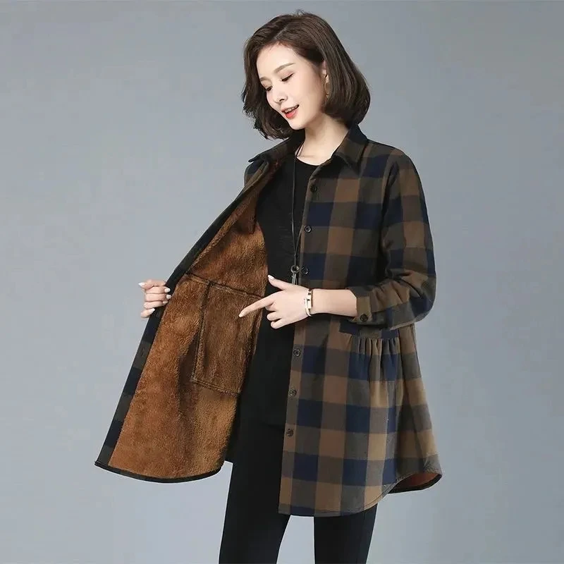 Elegan Velvet Plaid Shirt Women's Autumn Winter New Long-Sleeve Mother Fashion Windbreaker Middle-Aged Elderly Thick Spring Coat