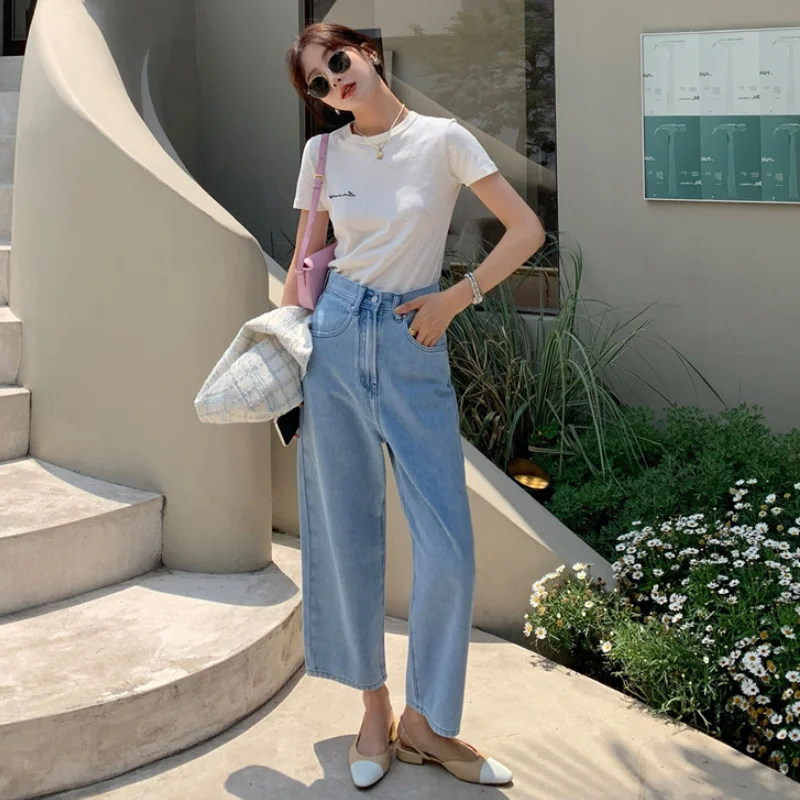 2021 New Women Autumn High Waist Long Jeans Cotton Straight Loose Wide Leg Denim Pants Ankle Length Trousers