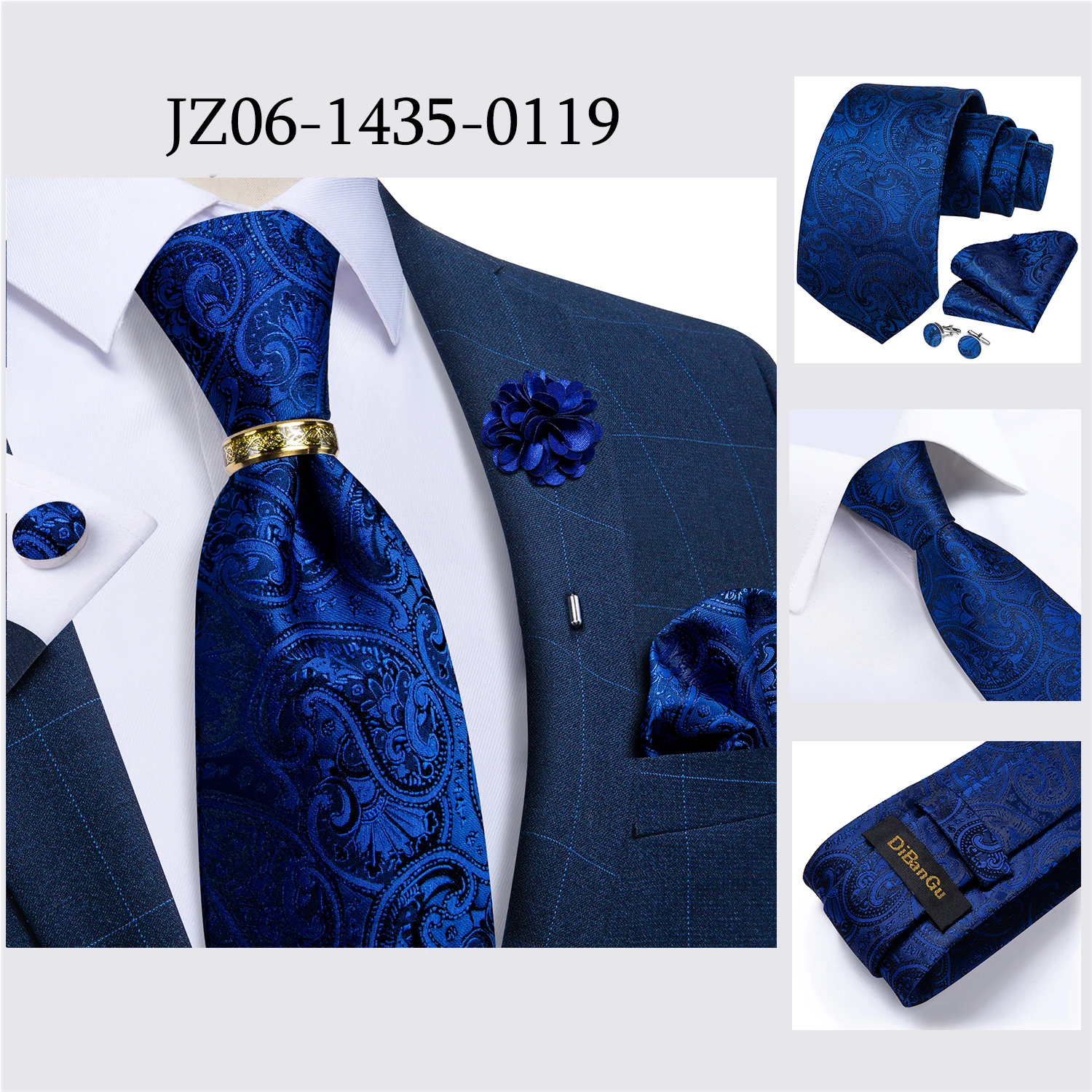 Handgefertigte Paisley-Blumen-Krawatte in Königsblau für Herren, klassische 8 cm breite gewebte Jacquard-Krawatte mit Einstecktuch, Manschettenknöpfen und Brosche – Detail 29