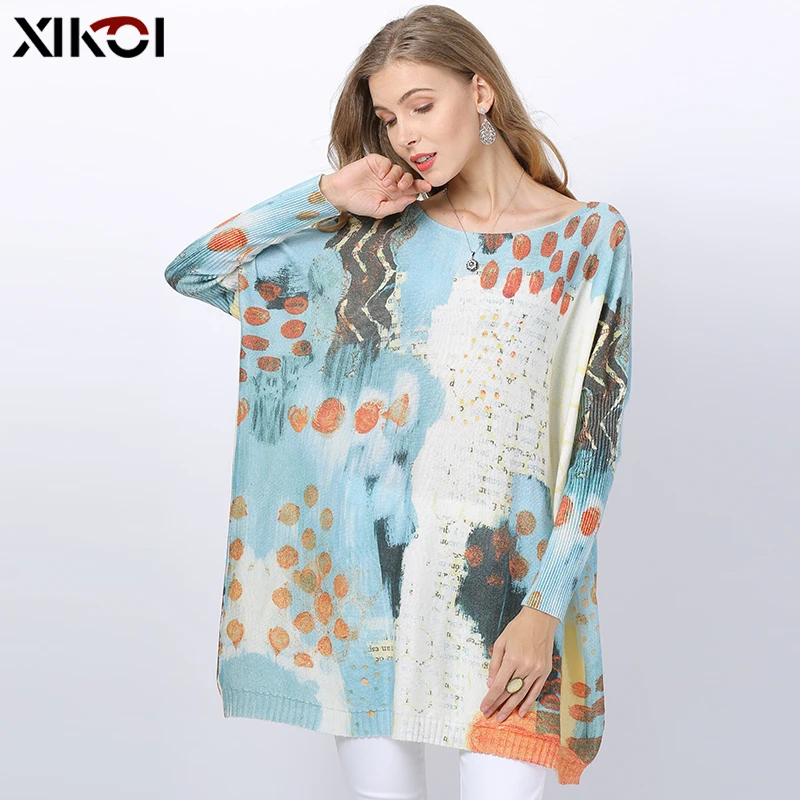 XIKOI Winter Oversized Sweaters For Women Long Wool Pullovers Loose Sky Blue Knitted Patchwork Jumper Printed O-neck Pull Femme