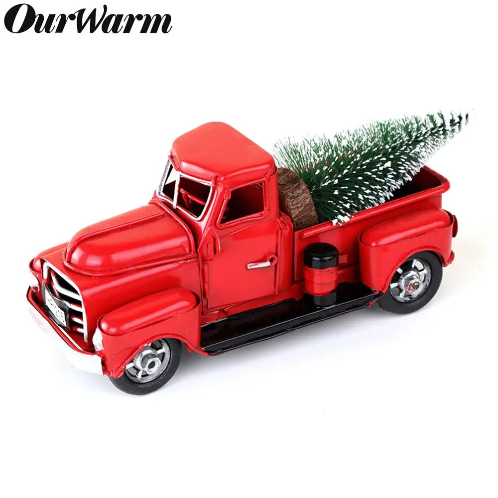 

OurWarm Vintage Red Metal Truck with Movable Wheel Kids Holiday Gifts Ornament Table Top Rustic Christmas Decoration for Home