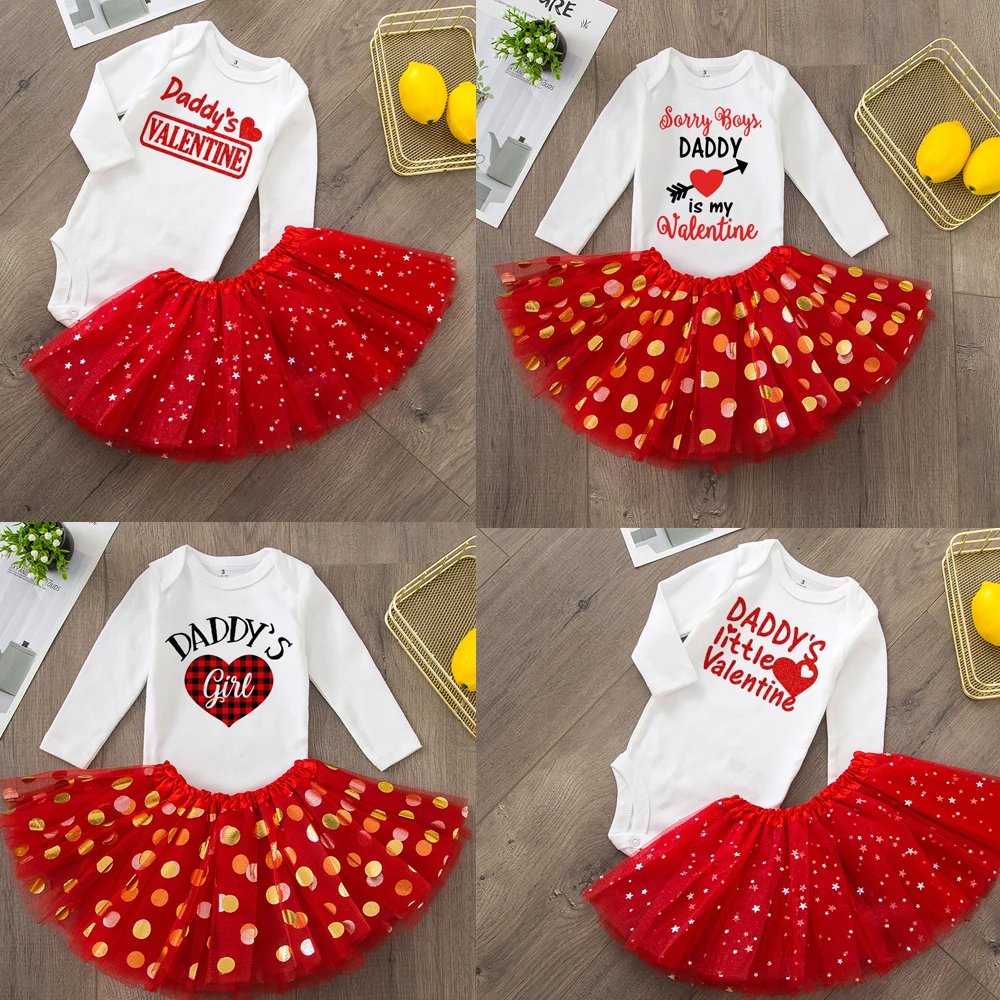 Sorry Boys Daddy Is My Valentine Outfit Baby Bodysuits Set Tutu + Long Sleeve Clothes cute Wear