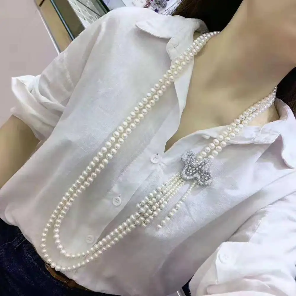 

Hand knotted 100-110cm 2strands white freshwater pearl micro inlay zircon accessories tassel pendant necklace fashion jewelry