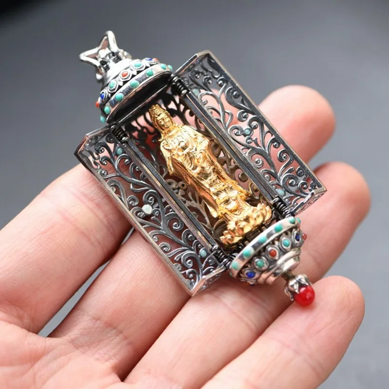 

BOCAI 2021 Trend S925 Silver Jewelry Retro Creative Hollow Design Woman Pendant Gold-plated Buddha Pendant Safe and Good Luck