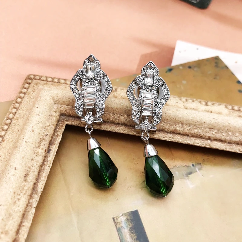 Elegant Earrings Green Pendant Drop Rhinestone Retro Jewelry For Women's Party Gifts