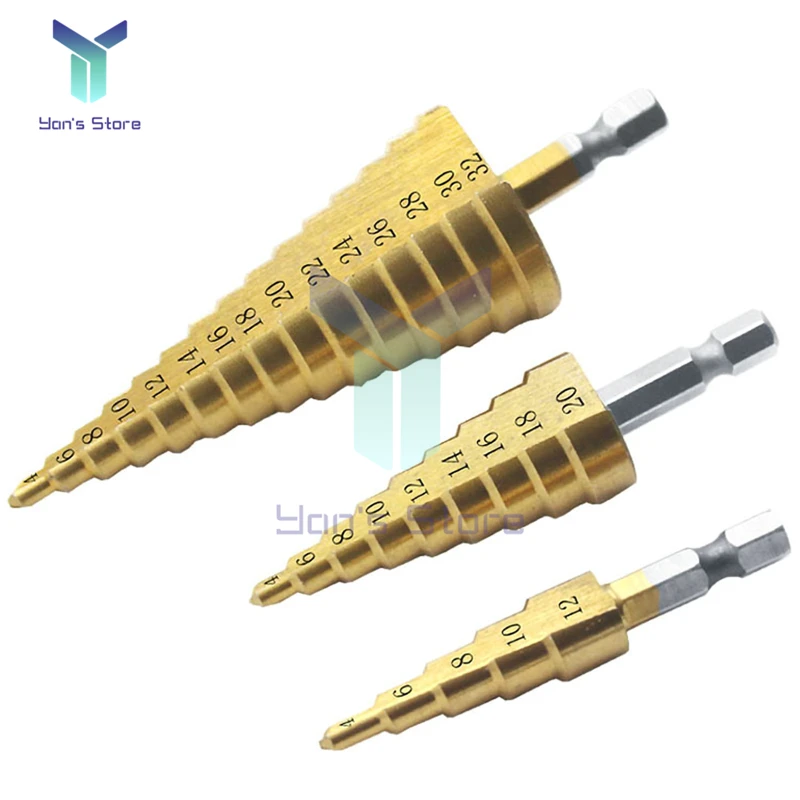 3 Pcs Drill Bit HSS High Speed Step Drill Steel Titanium Hex Shank Step Drill Set Machining Drilling 4-12mm 4-20mm 4-32mm