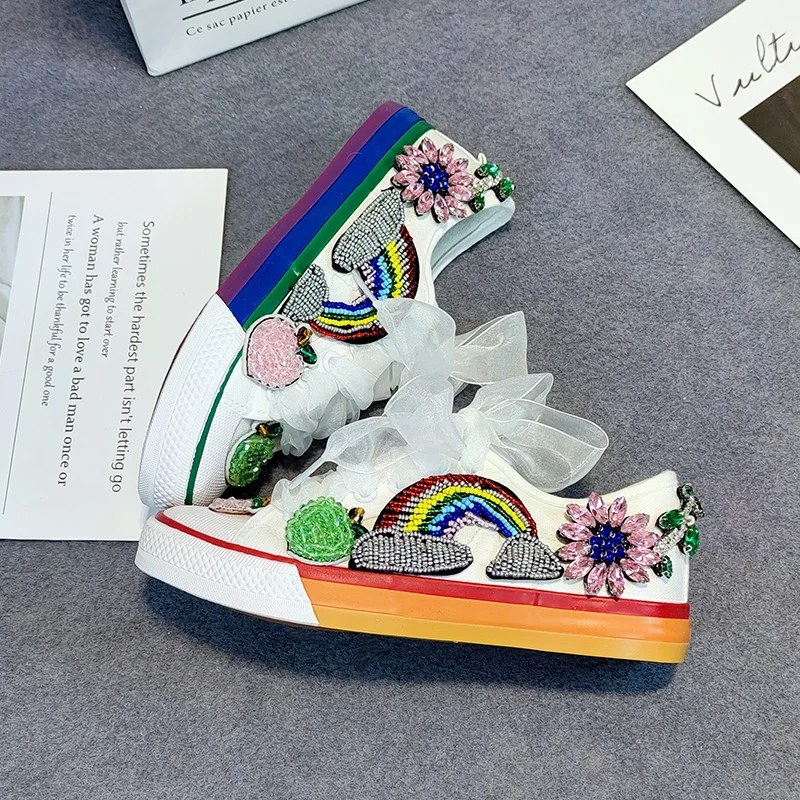 Handmade Fashion 2021 Spring Rainbow Platform Women Sneakers Flower Crystal Wedding Flats Ribbon Rhinestones Casual Canvas Shoes