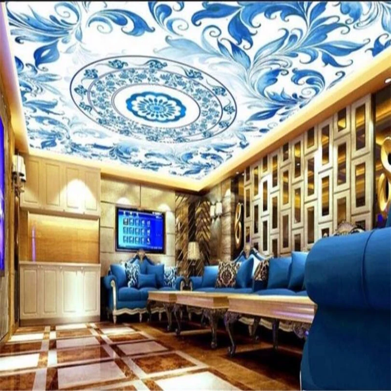 

wellyu Custom wallpaper 3d mural Papel de parede blue and white ceramic pattern ceiling decoration papel de parede 3d wall paper